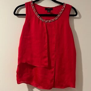 Alfani Petite Layered Sleeveless Red Blouse with Silver Chain & Ribbon Womens PS